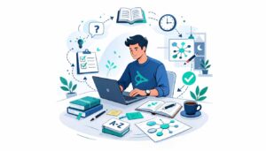 یک فرد بزرگسال شاغل در حال یادگیری زبان با لپ‌تاپ، فلش‌کارت و نقشه ذهنی بر اساس تکنیک یادگیری هاروارد