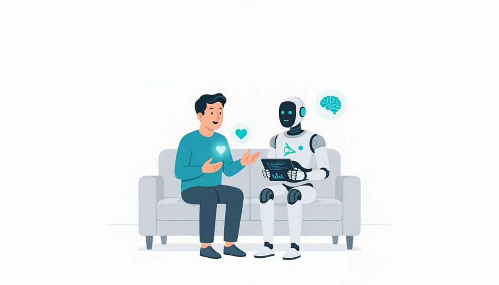 تصویر گفت‌وگوی انسان و ربات در مورد انسانیت و مهارت‌های نرم در عصر هوش مصنوعی