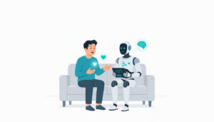 تصویر گفت‌وگوی انسان و ربات در مورد انسانیت و مهارت‌های نرم در عصر هوش مصنوعی