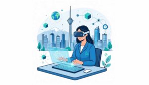 زنی با هدست واقعیت مجازی در حال کار با لپ‌تاپ هولوگرافیک در تهران، برج میلاد و کوه‌های البرز در پس‌زمینه